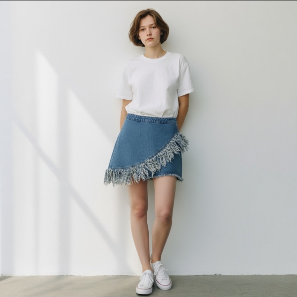 Roma Blue Denim Skirt with Fringe